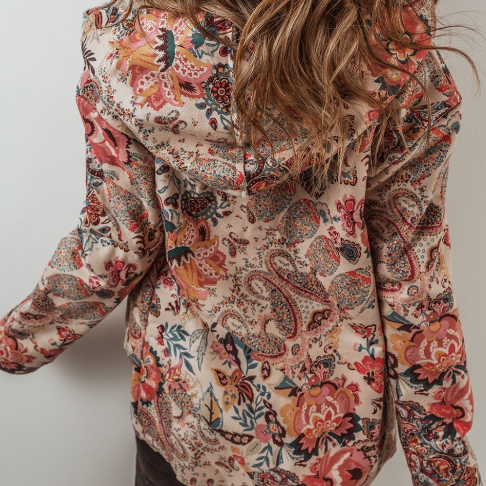 B156 *LAST ONE* Beige Vintage Paisley Floral Printed Sherpa Lined Hooded Jacket - Picture 4 of 6